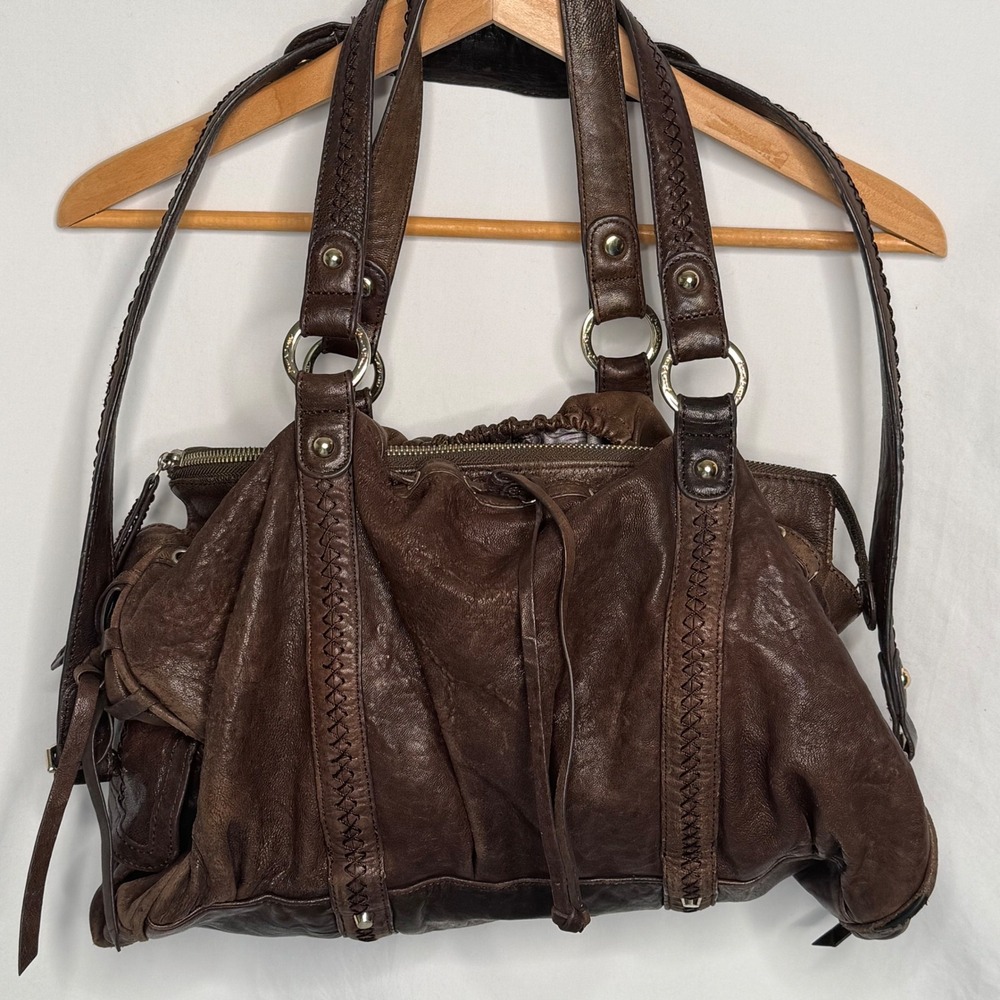 Junior Drake Y2K Brown Leather Slouchy Satchel Hobo Boho Whipstitch Bag